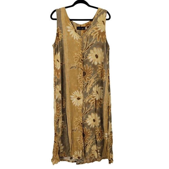 Vtg 80's Womens Jams World Dress Button Down Aline Tank Pockets Botanical Tan XL - Picture 4 of 10